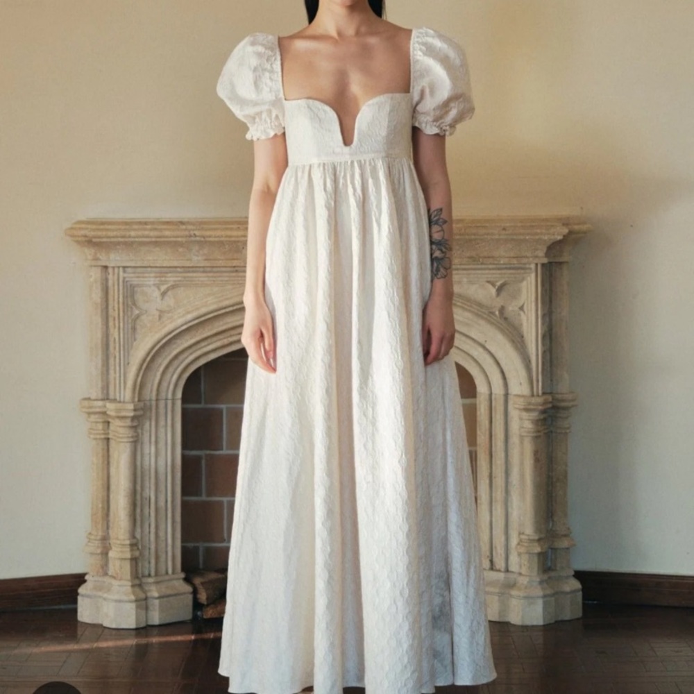 Fashion Nova Cream Maxi Dress with Puff Sleeves